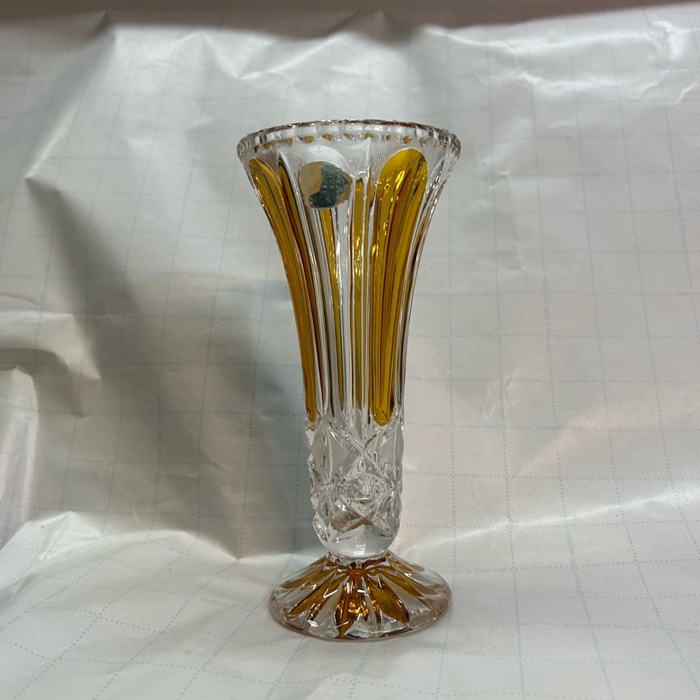 Vintage Bohemian Amber Crystal Cut to Clear Vase